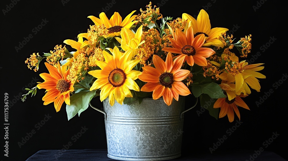 Vibrant Autumn Sunflowers in Rustic Metal Bucket