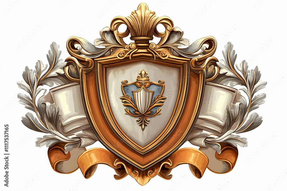 Ornate emblem featuring a shield, decorative elements, and a ribbon. Ornate emblem featuring a shield, decorative elements, and a ribbon.