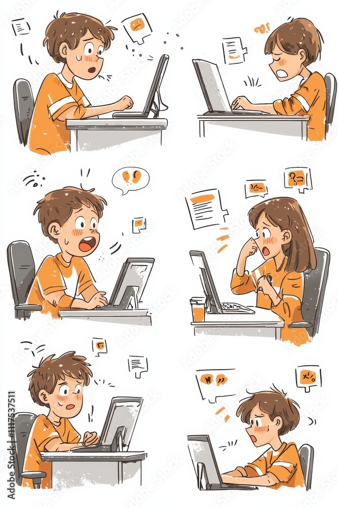Young man experiencing varied emotions while using a laptop at work Young man experiencing varied emotions while using a laptop at work