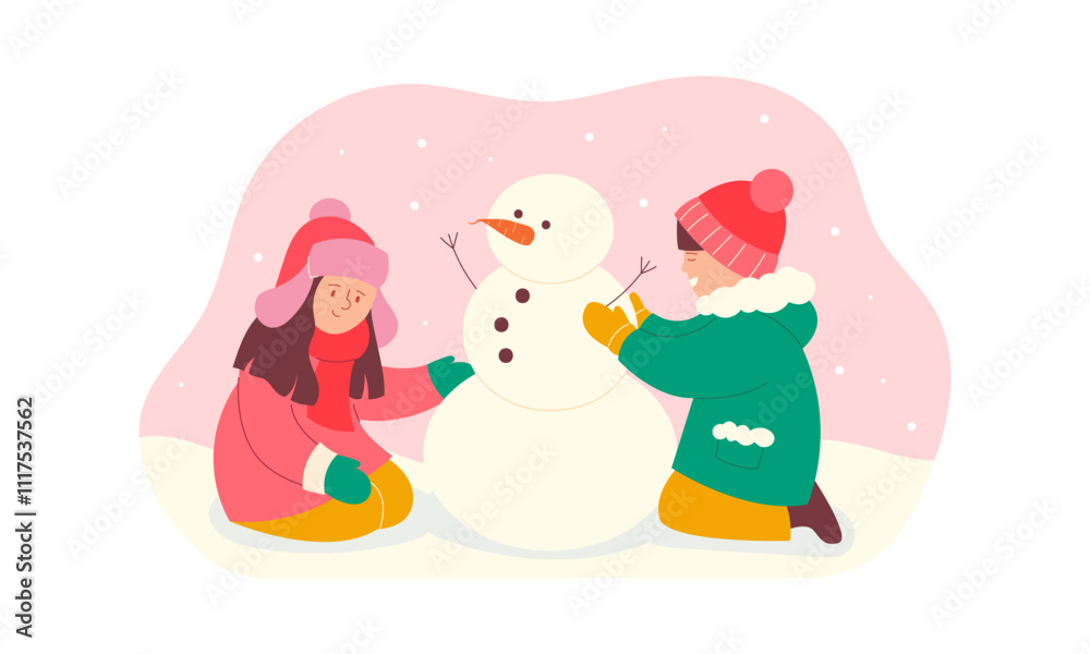 Children building snowman. Winter children's activity