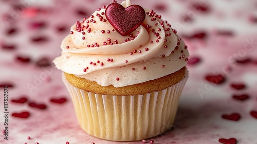 Delicious Valentine's Day cupcake with pink frosting, sprinkles, and a heart-shaped candy topping, sitting on a surface with scattered red hearts. photo