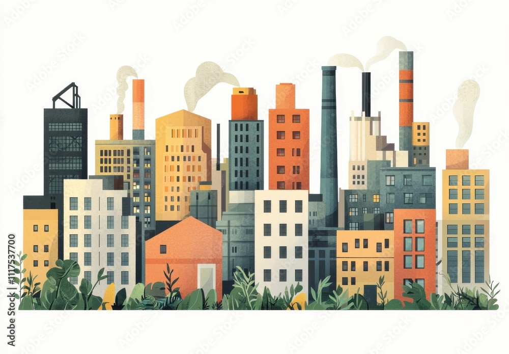 Industrial and nature themed illustrations depicting factories and plants Industrial and nature themed illustrations depicting factories and plants