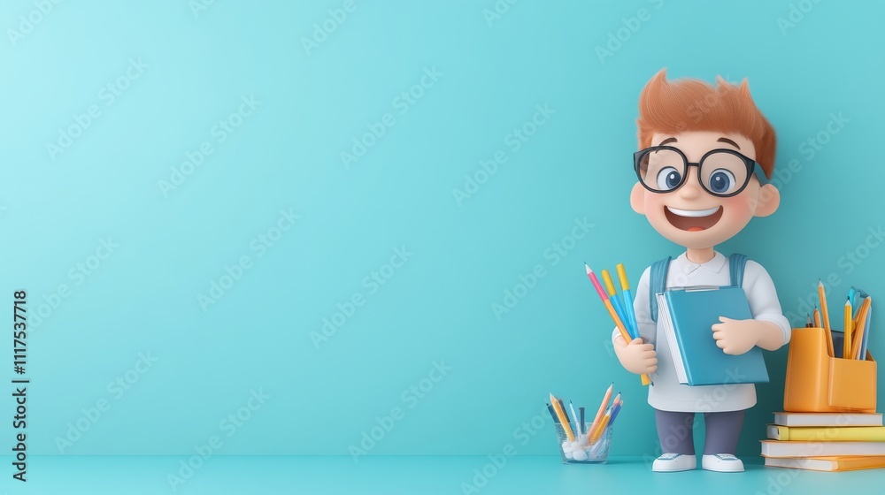 Cheerful 3D Student Character with School Supplies on Bright Background Cheerful 3D Student Character with School Supplies on Bright Background