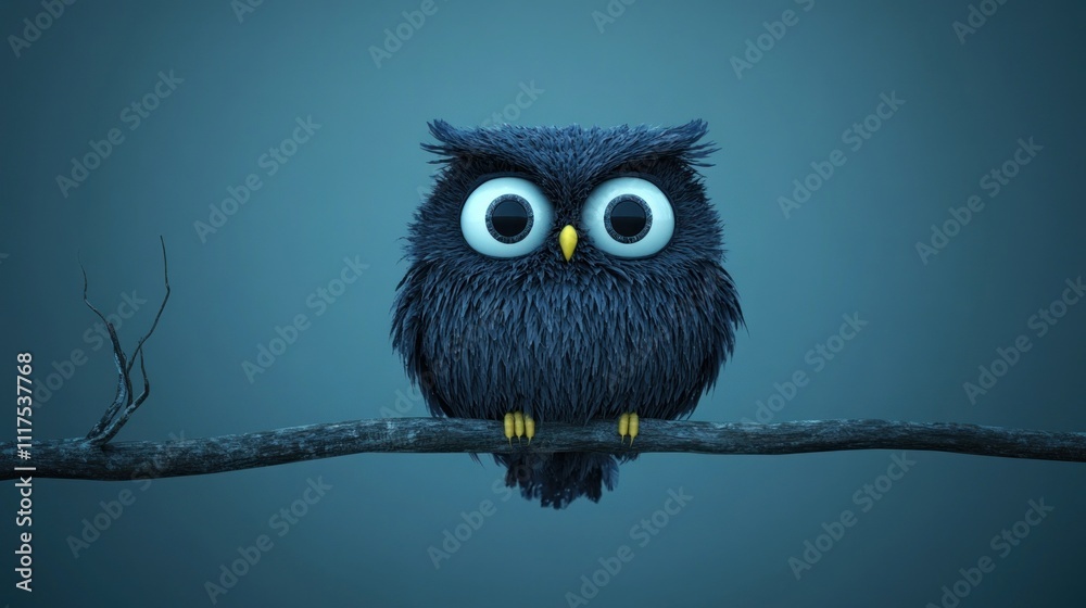 Fototapeta premium A fluffy cartoon owl perched on a branch at night