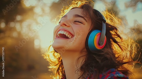 A woman wearing colorful wireless headphones and laughing outdoors on a breezy day