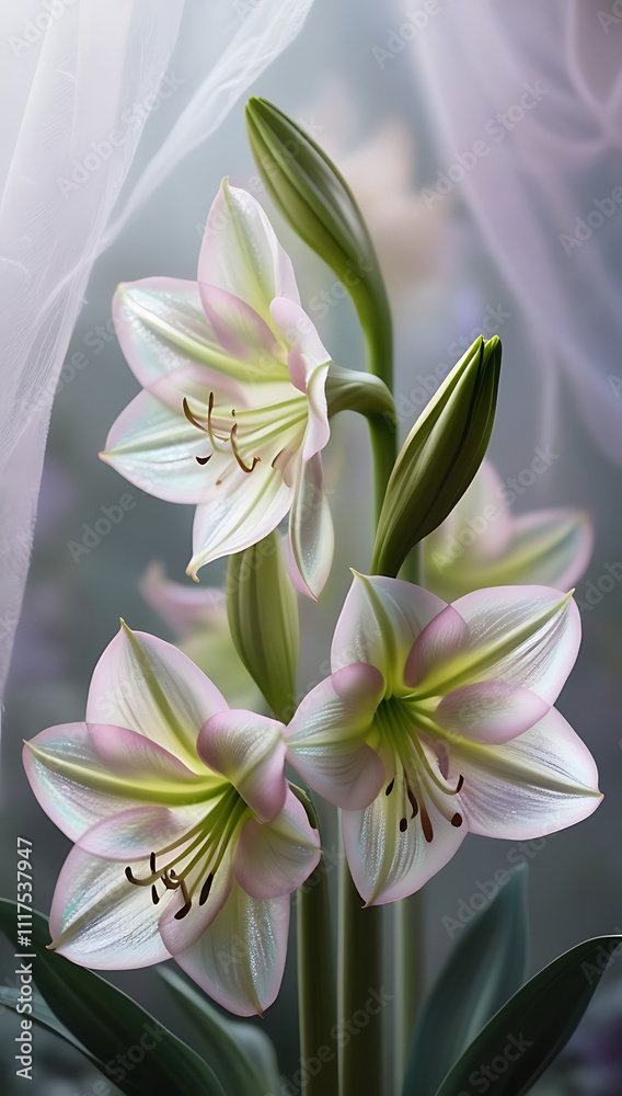Fototapeta premium Beautiful Amaryllis flowers with translucent petals showcasing iridescent hues, creating a surreal and magical ambiance, cool spectrum amaryllis flowers. Created with generative AI