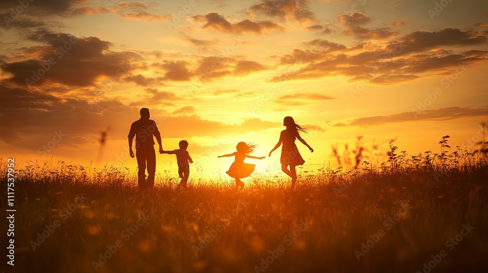 Family Silhouette Sunset Joyful Field Happiness Family Silhouette Sunset Joyful Field Happiness