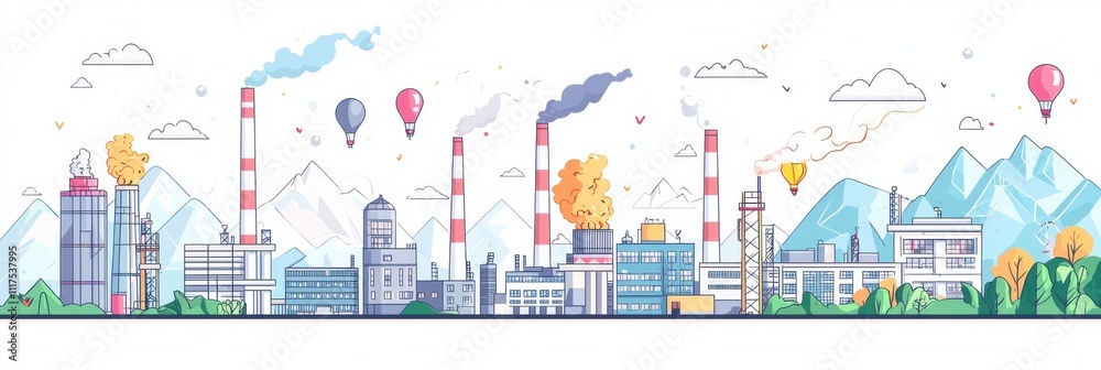 Industrial cityscape illustration with various factories and smokestacks