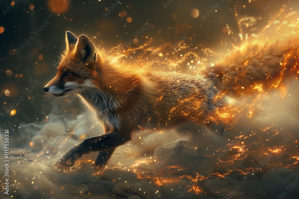 A stunning fox running through a magical landscape with vibrant, fiery effects.