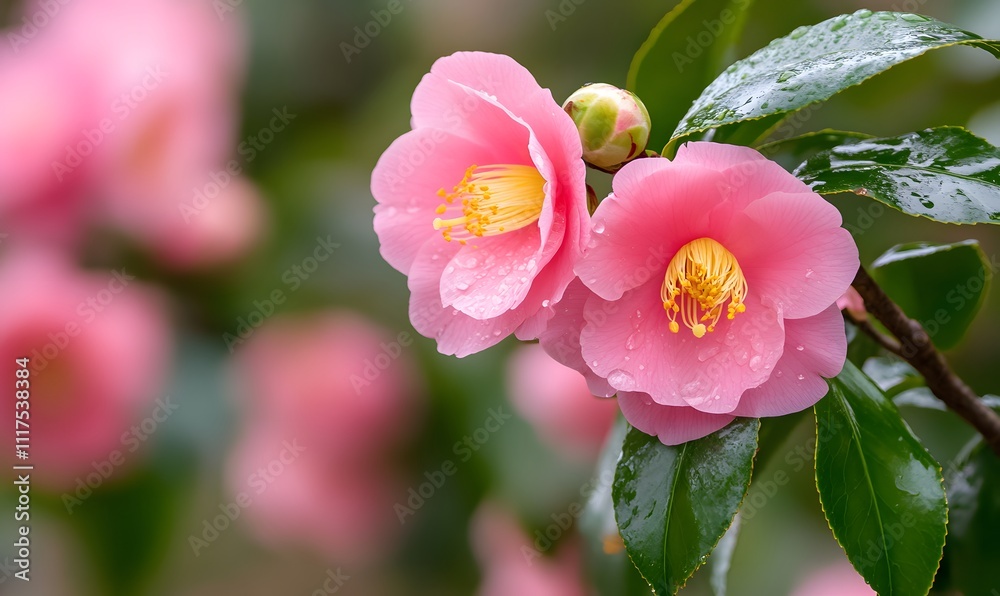 Beautiful camellia flowers in vibrant pattern on soft background, Generative AI