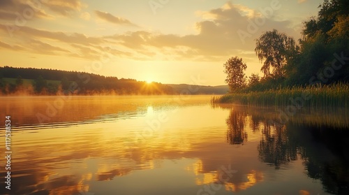 Golden Sunset Over Peaceful Lake. Perfect for evoking themes of nature and relaxation.