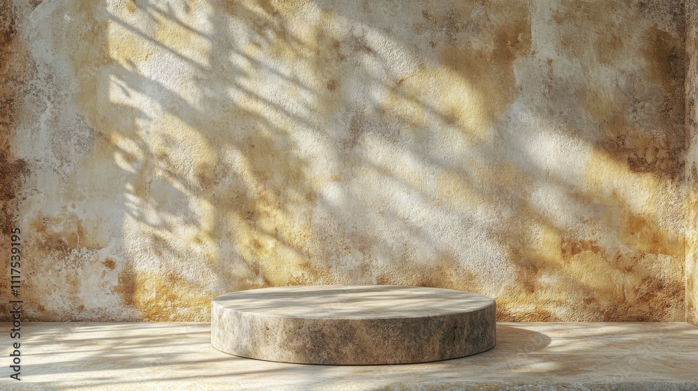 Round Stone Platform Against Textured Wall with Leaf Shadows Round Stone Platform Against Textured Wall with Leaf Shadows
