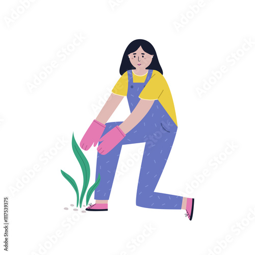 Illustrated scene with a farmer girl growing plant. Gardening, farming, local production concept, farm-themed design.