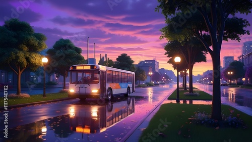 Serene Evening Urban Street with Purple-Orange Sunset, Reflective Sidewalk, and Peaceful Nostalgic Vibe
