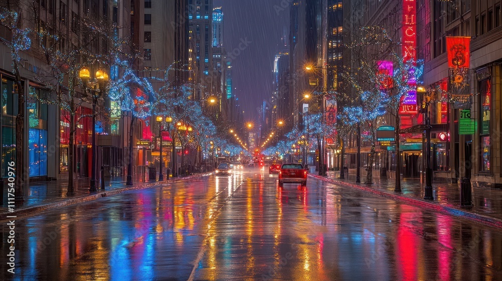 Rainy Night City Street Festive Lights Reflections Rainy Night City Street Festive Lights Reflections