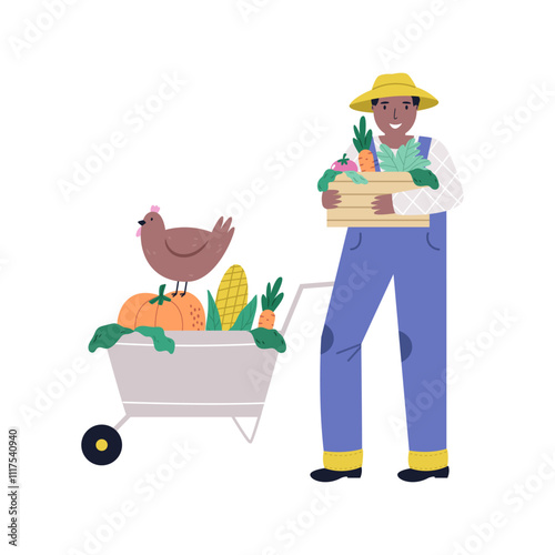Illustrated scene with a farmer collecting the harvest. Gardening, farming, farm-themed design.