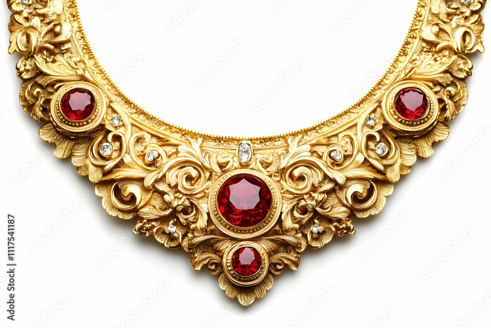 Ornate golden necklace adorned with red gemstones and intricate floral designs. Ornate golden necklace adorned with red gemstones and intricate floral designs.