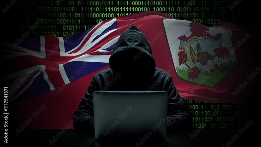 Bermuda flag - 3D realistic waving flag on matrix digital background with binary code