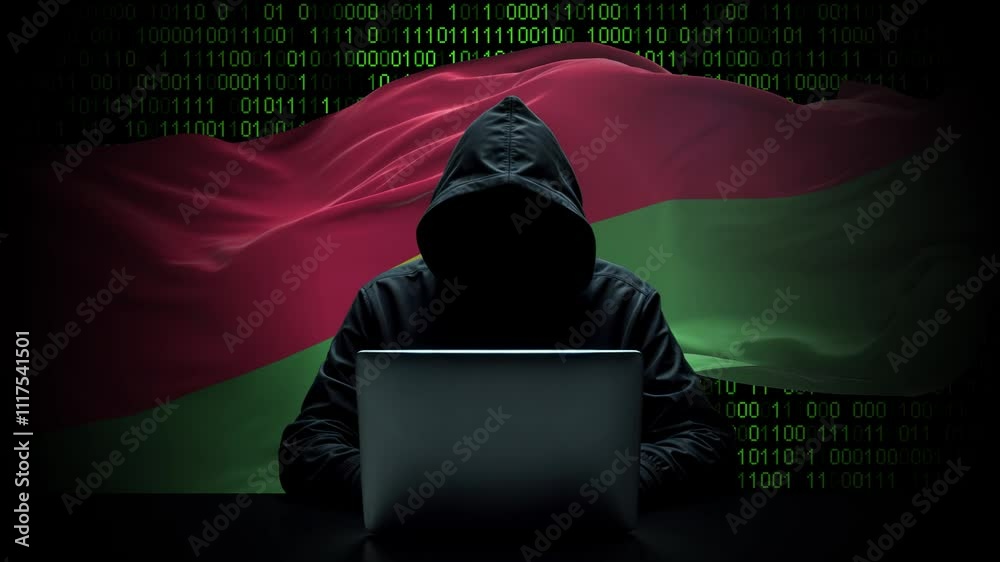 Burkina Faso flag - 3D realistic waving flag on matrix digital background with binary code