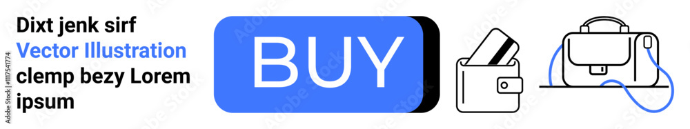 Large blue BUY button, wallet with credit cards, and a bag with a strap. Ideal for e-commerce, online shop, payment solutions, digital wallets, retail, financial apps, landing page