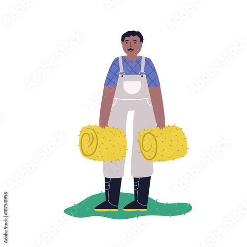 Illustrated scene with a farmer male in uniform holds bundles of hay. Gardening, farming, farm life concept. Season of harvest.