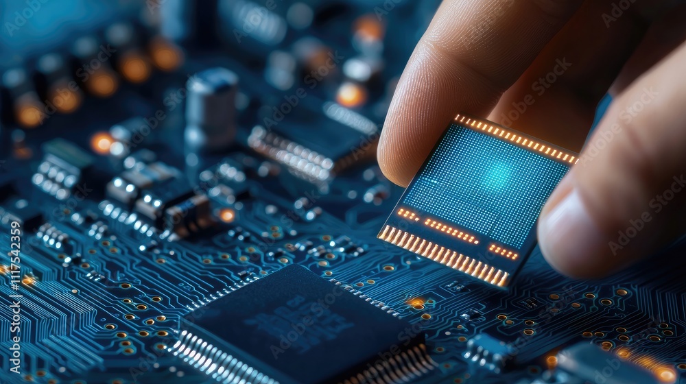 Integration technology hardware IoT concept. A hand placing a microchip onto a circuit board, showcasing technology and precision in electronics. Integration technology hardware IoT concept. A hand placing a microchip onto a circuit board, showcasing technology and precision in electronics.