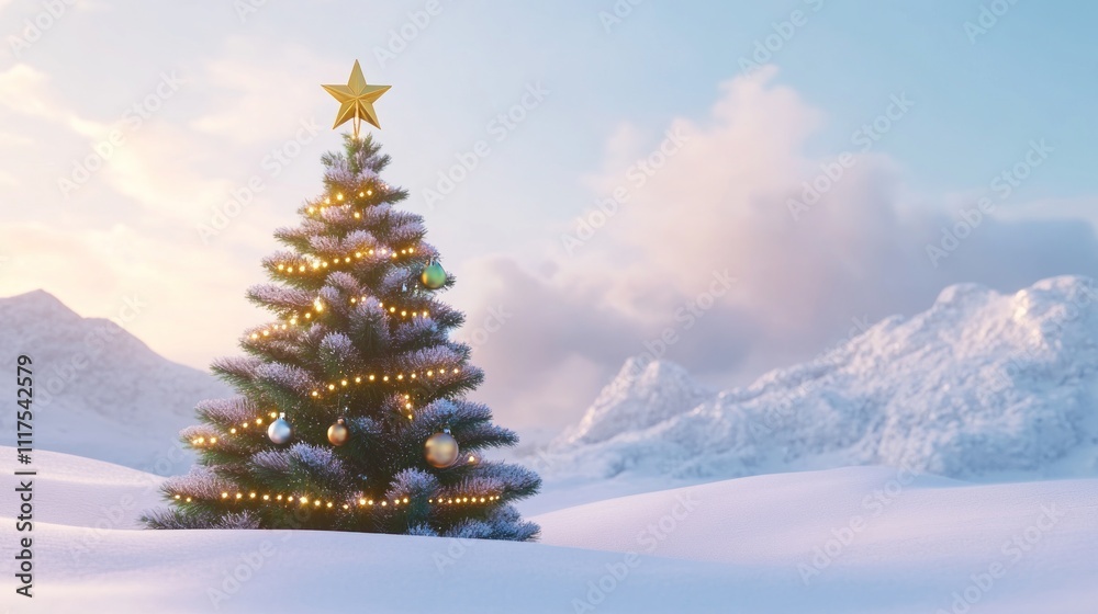 Decorated Christmas Tree in Snowy Mountain Landscape Decorated Christmas Tree in Snowy Mountain Landscape