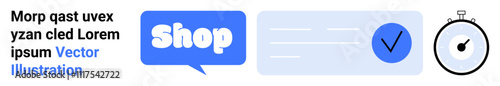 Blue Shop button, stopwatch, check mark in circle, and sample text in Latin gibberish. Ideal for e-commerce, online shopping, digital marketing, customer engagement, time management. Banner