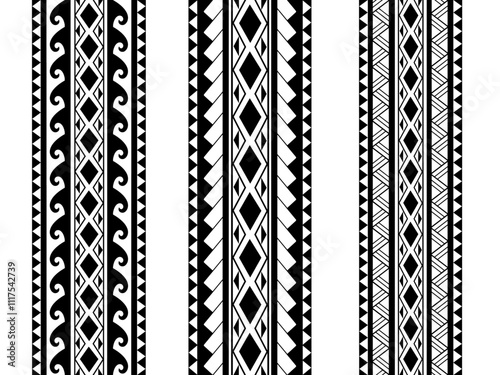 Set of Maori Polynesian tattoo bracelets border. Tribal sleeve seamless pattern vector. Samoan bracelet tattoo design fore arm or foot.