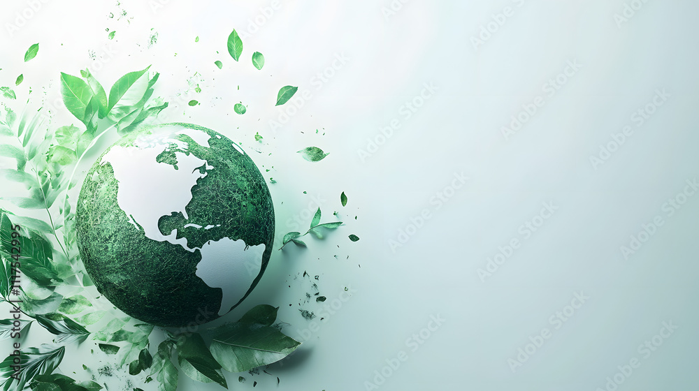 Green earth globe surrounded by vibrant leaves representing environmental awareness and sustainability efforts Green earth globe surrounded by vibrant leaves representing environmental awareness and sustainability efforts
