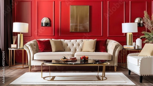 Stylish living room featuring bold red walls, beige sofa, gold accents, dark wood furnishings, and white decor. Trendy and sophisticated design.