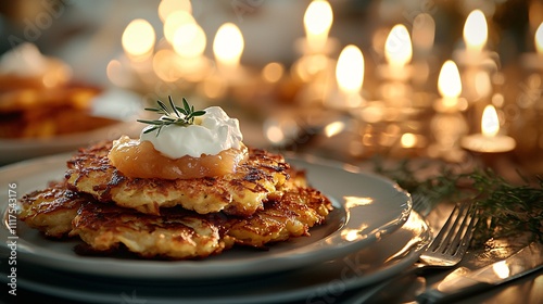 Festive Hanukkah Table Setting with Delicious Latkes and Toppings in Soft Daylight Glow photo