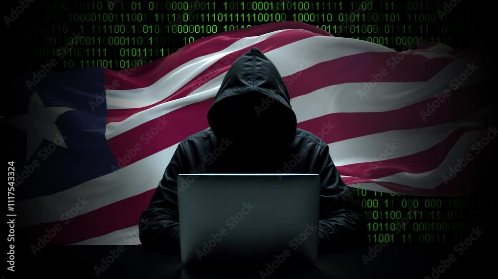 Liberia flag - 3D realistic waving flag on matrix digital background with binary code