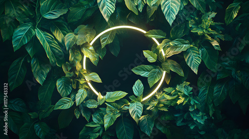 Illuminated circle surrounded by lush green foliage in a dark environment at twilight