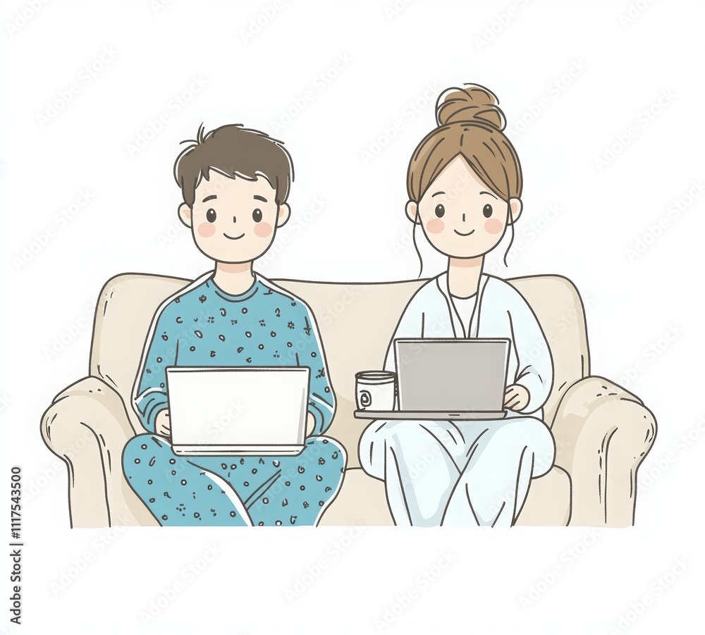 A couple watching TV together on the sofa, holding coffee mugs in their hands and using laptops A couple watching TV together on the sofa, holding coffee mugs in their hands and using laptops