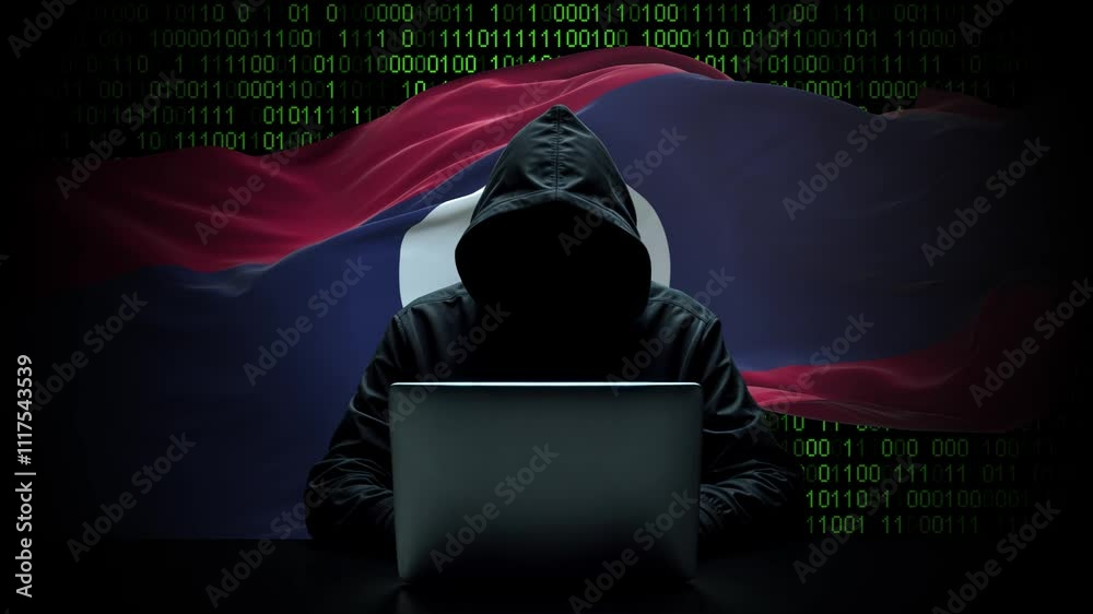 Laos flag - 3D realistic waving flag on matrix digital background with binary code