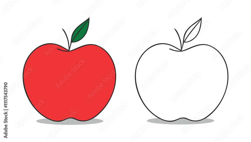 A simple, colorful illustration of a red apple designed for kids' coloring books. Minimal, logotype with clear outlines, green leaf, and white background, symbolizing health, freshness, learning png