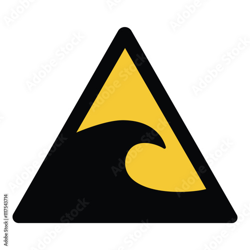 Tsunami warning sign. Yellow triangle sign with tsunami wave