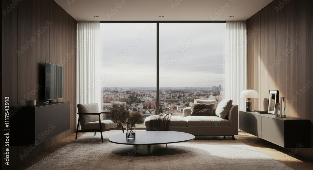 Fototapeta premium Modern Living Room with City View and Warm Wood Wall Accents