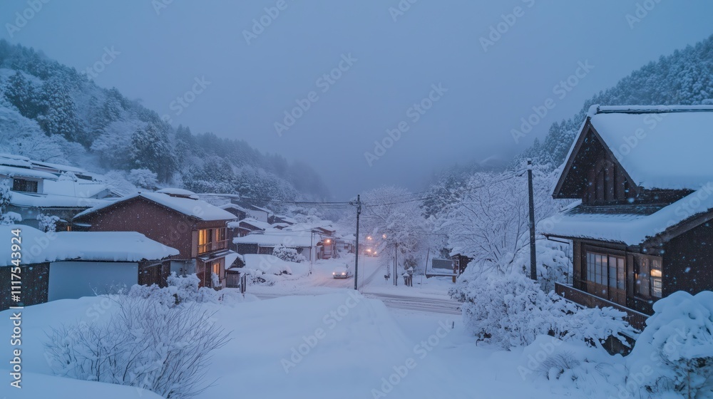 Snowy Village Landscape in Tranquil Winter Scene Snowy Village Landscape in Tranquil Winter Scene