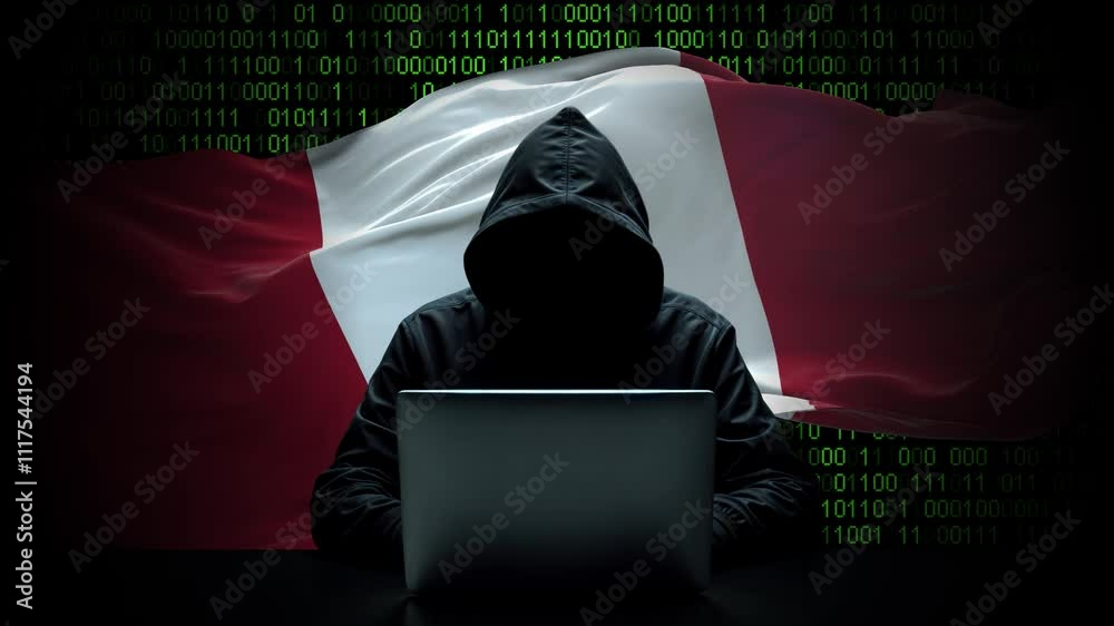Peru flag - 3D realistic waving flag on matrix digital background with binary code