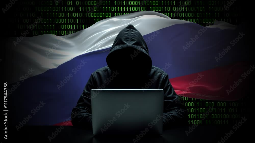 Russia flag - 3D realistic waving flag on matrix digital background with binary code