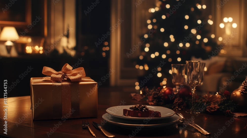 Christmas Eve Table Setting Gift Present Tree Lights