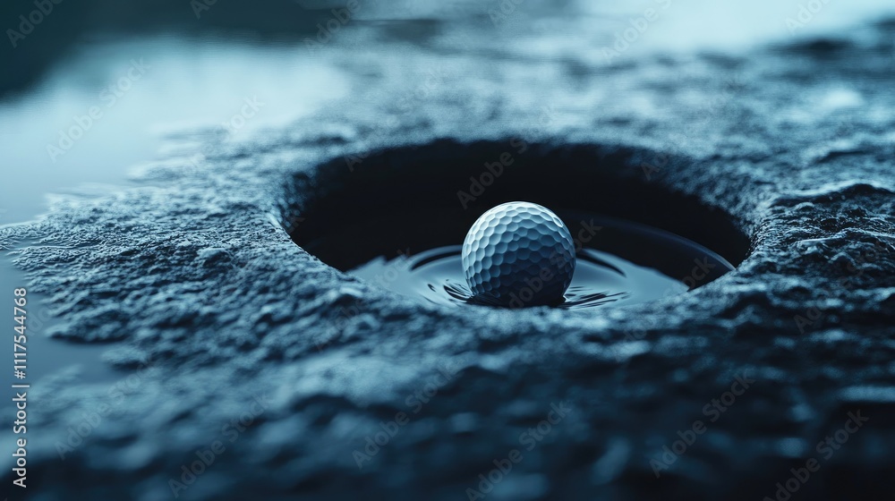 Close-up of a golf ball hovering just at the rim of the hole, mid-action as if about to drop in Close-up of a golf ball hovering just at the rim of the hole, mid-action as if about to drop in