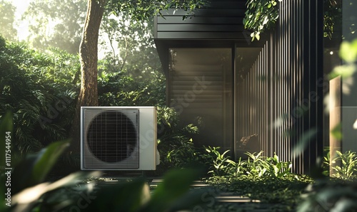 Outdoor view of a residential community with visible air conditioning units, highlighting modern living and urban utility infrastructure. photo