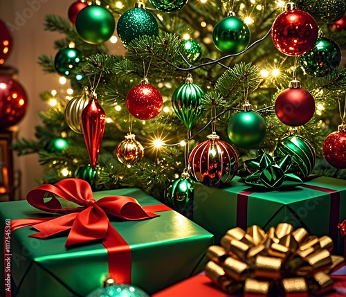 Christmas tree with gifts, decorations, baubles, and presents.