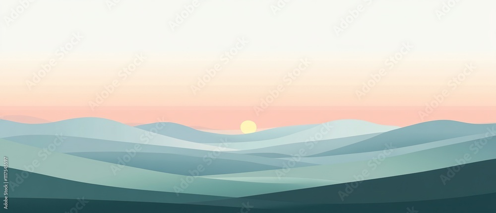 Minimalist sunrise over rolling hills in pastel tones. Ideal for designs requiring a peaceful and contemporary aesthetic. Minimalist sunrise over rolling hills in pastel tones. Ideal for designs requiring a peaceful and contemporary aesthetic.