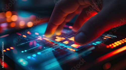 Close-up of a hand playing a rhythm game on a smartphone, with fast-paced lights on the screen.