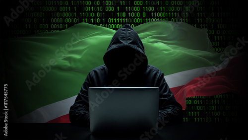 Chechen Republic flag - 3D realistic waving flag on matrix digital background with binary code photo