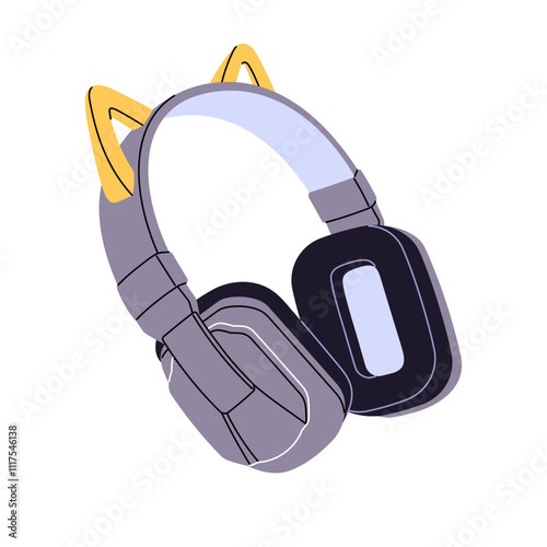 Cute headphones with cat ears icon. Modern gamers' headset to play video games, streaming. Big earphones to listen audio podcasts, music. Flat isolated vector illustration on white background